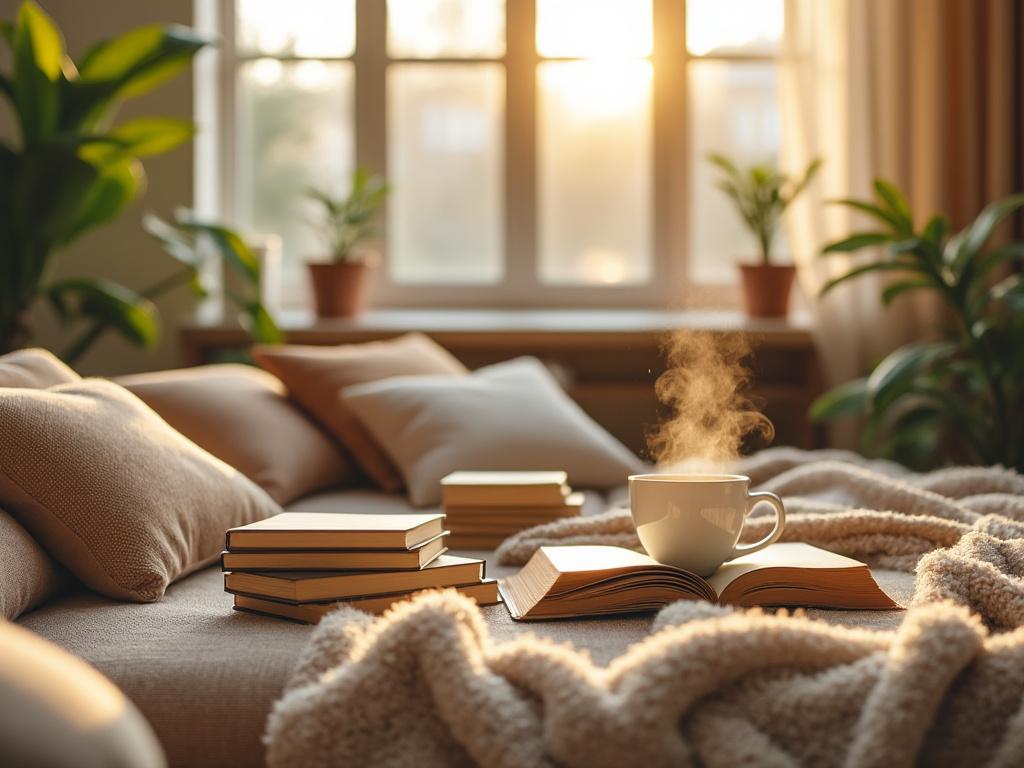 Salon cosy avec livres et tasse de café