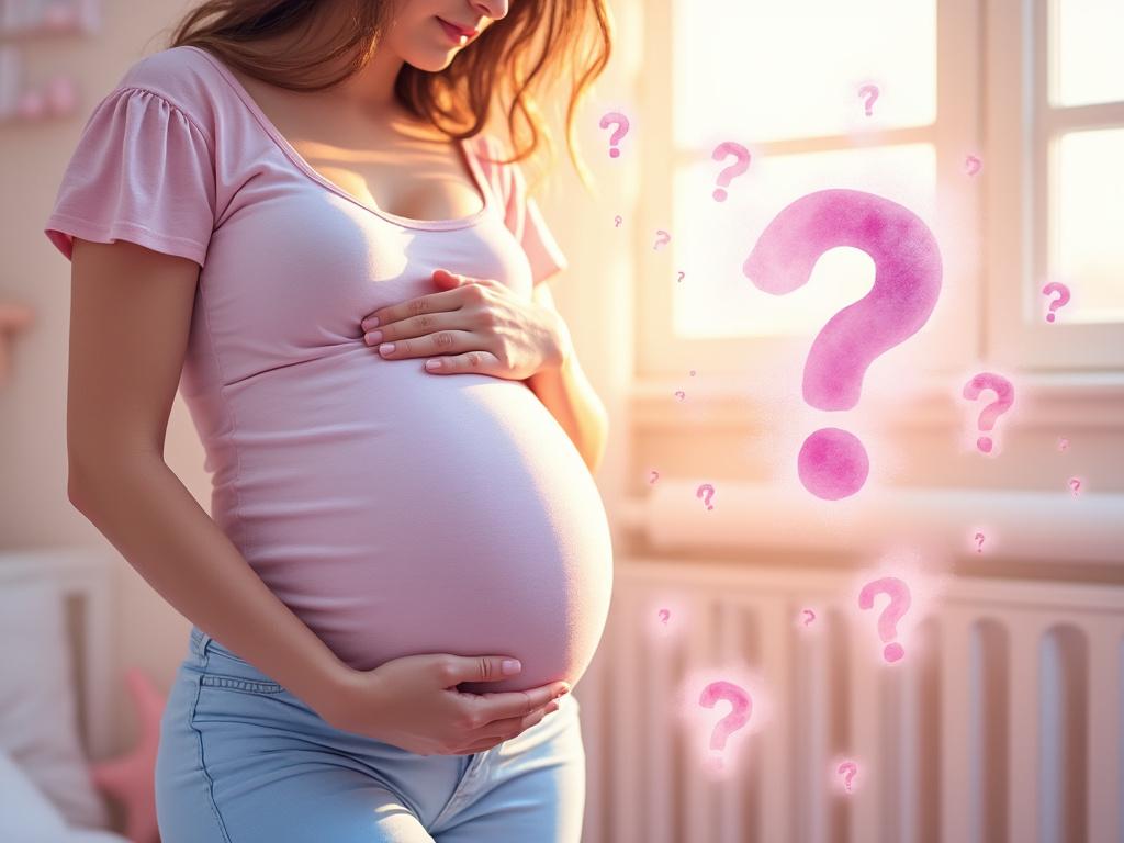 Femme enceinte touchant son ventre, points d'interrogation.