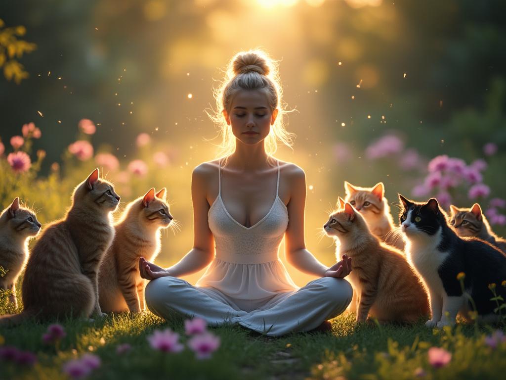 Femme méditant entourée de chats dans un jardin